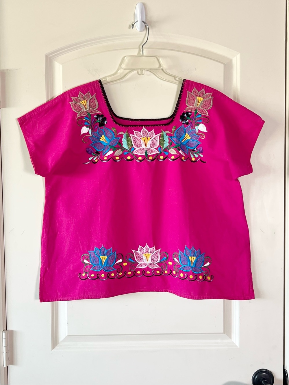 Mexican Puebla Blouse Hot Pink Floral Embroidered Boho Peasant Top Large